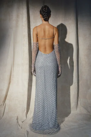 WATER BLUE RETE CRISTAUX DRESS AND GLOVES