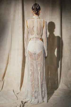 DENTELLE DEUX BLANCHE DRESS AND ASYMMETRIC PEARL HALTER