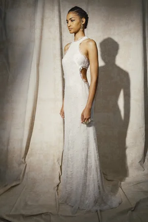 PEARL FIL COUPÉ LACE HALTER DRESS