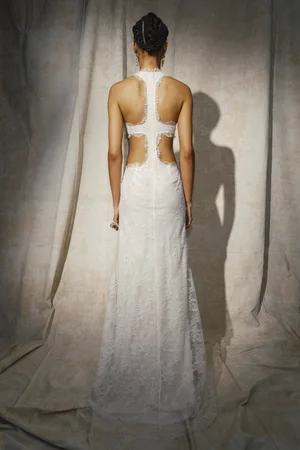 PEARL FIL COUPÉ LACE HALTER DRESS