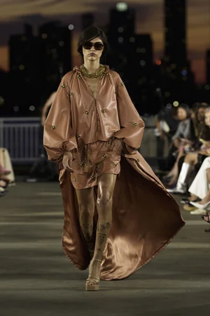 TERRACOTTA VEGAN LEATHER CAFTAN CAPED TOP AND SHORTS