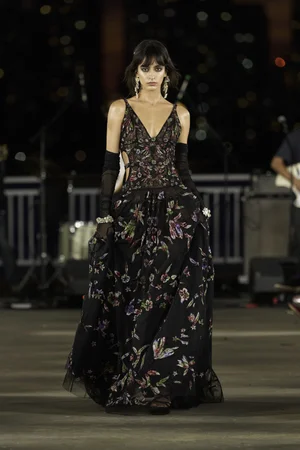 CHANTILLY FLORAL TIE-DYE APPLIQUÉ BLACK DRESS