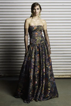 MULTI-FLORAL JACQUARD STRAPLESS DRESS