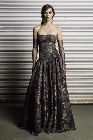 MULTI-FLORAL JACQUARD STRAPLESS DRESS