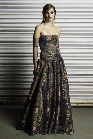 MULTI-FLORAL JACQUARD STRAPLESS DRESS