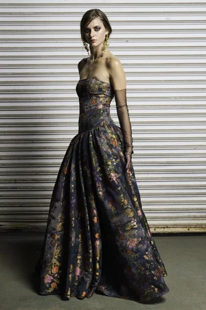MULTI-FLORAL JACQUARD STRAPLESS DRESS
