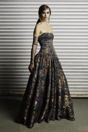 MULTI-FLORAL JACQUARD STRAPLESS DRESS