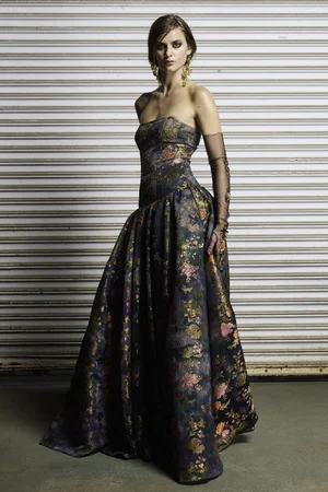 MULTI-FLORAL JACQUARD STRAPLESS DRESS