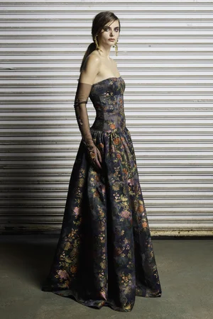 MULTI-FLORAL JACQUARD STRAPLESS DRESS