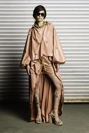 TERRACOTTA VEGAN LEATHER CAFTAN CAPED TOP AND SHORTS