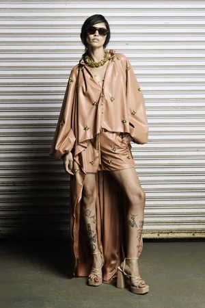 TERRACOTTA VEGAN LEATHER CAFTAN CAPED TOP AND SHORTS