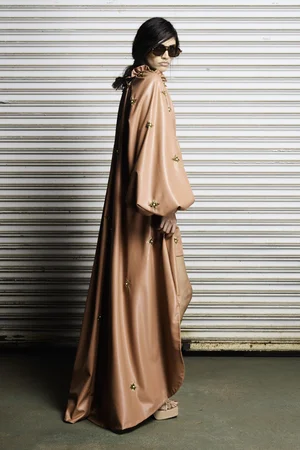 TERRACOTTA VEGAN LEATHER CAFTAN CAPED TOP AND SHORTS