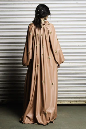 TERRACOTTA VEGAN LEATHER CAFTAN CAPED TOP AND SHORTS