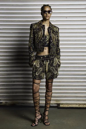 METAL PAISLEY EAST-WEST JACKET, SUN RADIEUX TOP, AND SHORTS