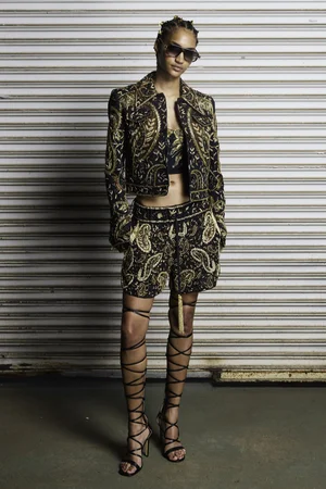 METAL PAISLEY EAST-WEST JACKET, SUN RADIEUX TOP, AND SHORTS