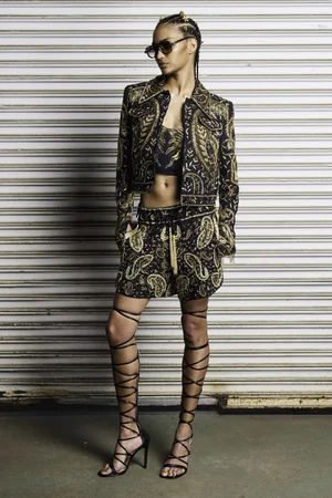 METAL PAISLEY EAST-WEST JACKET, SUN RADIEUX TOP, AND SHORTS
