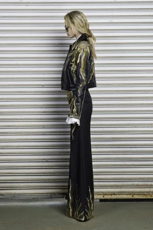 SUN RADIEUX VEGAN LEATHER EAST-WEST JACKET, TOP, AND TROUSER