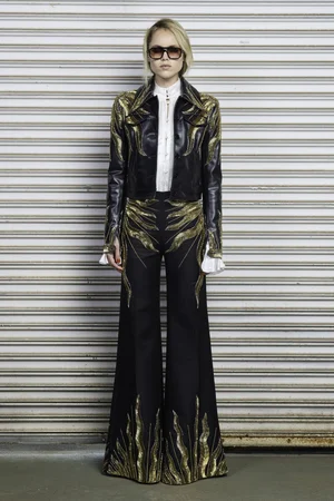 SUN RADIEUX VEGAN LEATHER EAST-WEST JACKET, TOP, AND TROUSER