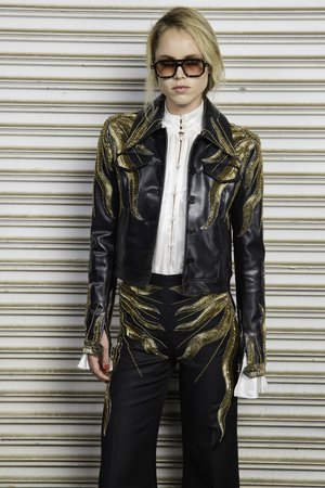 SUN RADIEUX VEGAN LEATHER EAST-WEST JACKET, TOP, AND TROUSER