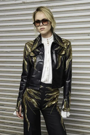 SUN RADIEUX VEGAN LEATHER EAST-WEST JACKET, TOP, AND TROUSER