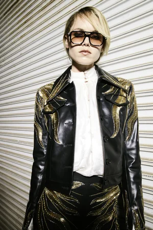 SUN RADIEUX VEGAN LEATHER EAST-WEST JACKET, TOP, AND TROUSER