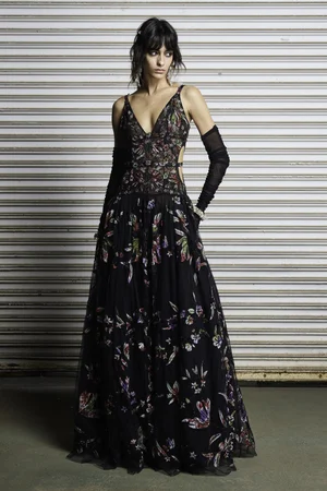 CHANTILLY FLORAL TIE-DYE APPLIQUÉ BLACK DRESS
