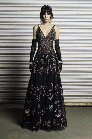 CHANTILLY FLORAL TIE-DYE APPLIQUÉ BLACK DRESS