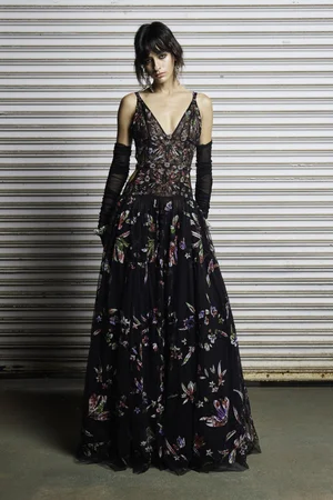 CHANTILLY FLORAL TIE-DYE APPLIQUÉ BLACK DRESS
