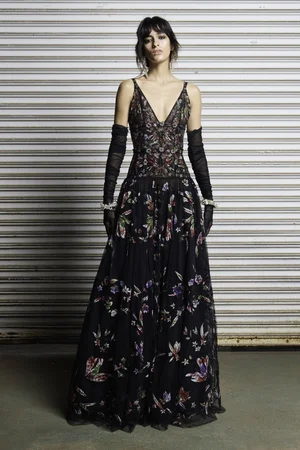 CHANTILLY FLORAL TIE-DYE APPLIQUÉ BLACK DRESS