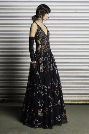 CHANTILLY FLORAL TIE-DYE APPLIQUÉ BLACK DRESS