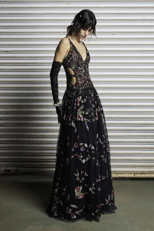 CHANTILLY FLORAL TIE-DYE APPLIQUÉ BLACK DRESS