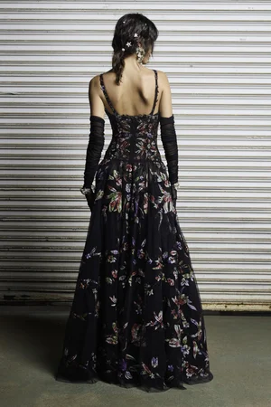 CHANTILLY FLORAL TIE-DYE APPLIQUÉ BLACK DRESS
