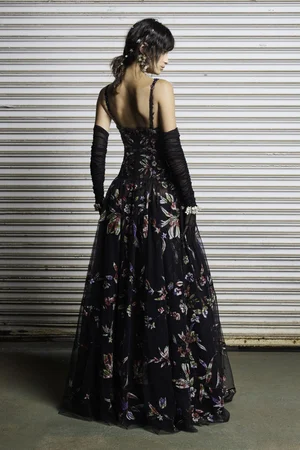 CHANTILLY FLORAL TIE-DYE APPLIQUÉ BLACK DRESS