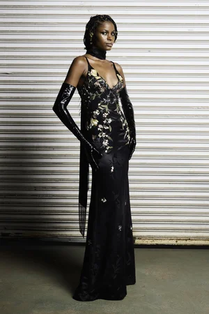 CHANTILLY FLORAL BLACK SILK JACQUARD DRESS