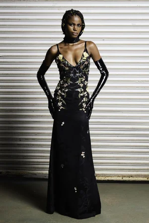 CHANTILLY FLORAL BLACK SILK JACQUARD DRESS