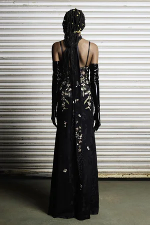 CHANTILLY FLORAL BLACK SILK JACQUARD DRESS