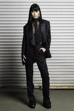 NOIR JACQUARD TUXEDO JACKET, VEST, HALTER, AND TROUSER WITH LACE TOP