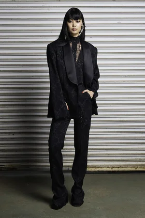 NOIR JACQUARD TUXEDO JACKET, VEST, HALTER, AND TROUSER WITH LACE TOP