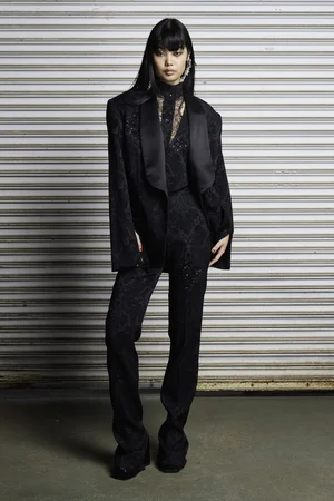 NOIR JACQUARD TUXEDO JACKET, VEST, HALTER, AND TROUSER WITH LACE TOP