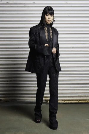 NOIR JACQUARD TUXEDO JACKET, VEST, HALTER, AND TROUSER WITH LACE TOP