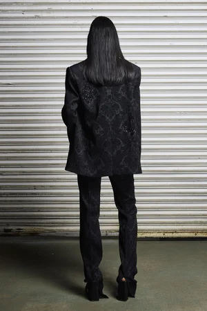 NOIR JACQUARD TUXEDO JACKET, VEST, HALTER, AND TROUSER WITH LACE TOP