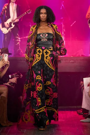 NOUVEAU ART DECO CAFTAN, TROUSER, AND VEGAN LEATHER TOP