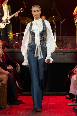 RAZE DEUX WASHED VELVET VEST AND DENIM TROUSER WITH SILK JACQUARD TOP AND SCARF