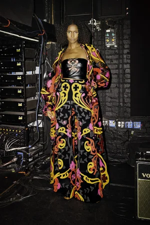 NOUVEAU ART DECO CAFTAN, TROUSER, AND VEGAN LEATHER TOP