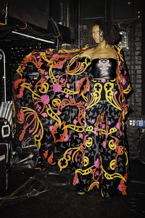 NOUVEAU ART DECO CAFTAN, TROUSER, AND VEGAN LEATHER TOP