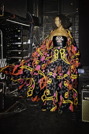 NOUVEAU ART DECO CAFTAN, TROUSER, AND VEGAN LEATHER TOP
