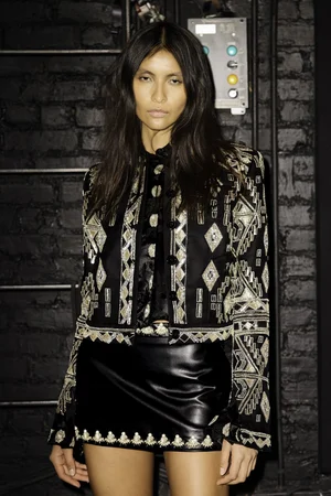 GEO DECO DEUX JACKET, TOP, AND LILY CABOCHON MEDALLION MINI SKIRT