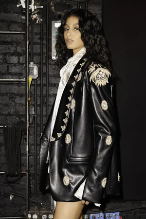 LILY CABOCHON MEDALLION VEGAN LEATHER JACKET & SILK JACQUARD TOP