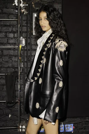 LILY CABOCHON MEDALLION VEGAN LEATHER JACKET & SILK JACQUARD TOP
