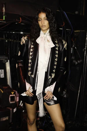 LILY CABOCHON MEDALLION VEGAN LEATHER JACKET & SILK JACQUARD TOP